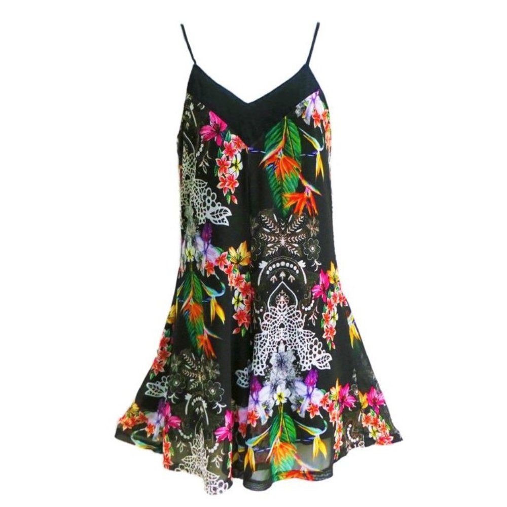 Oh Boy Vintage 90s Brazilian Mesh Floral Romper V Neck Back Stretchy Poly Lined
